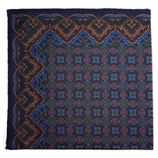 Navy Blue & Bronze Geometric Ancient Madder Silk Pocket Square (Hand-Rolled)