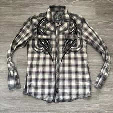 Roar Embroidered Plaid Gothic Emo Punk Rock Long Sleeve Shirt White Size Large