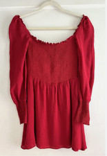 REFORMATION Red Kelli Smocked Bodice Long Sleeve Fit Flare Mini Dress XS 0 2