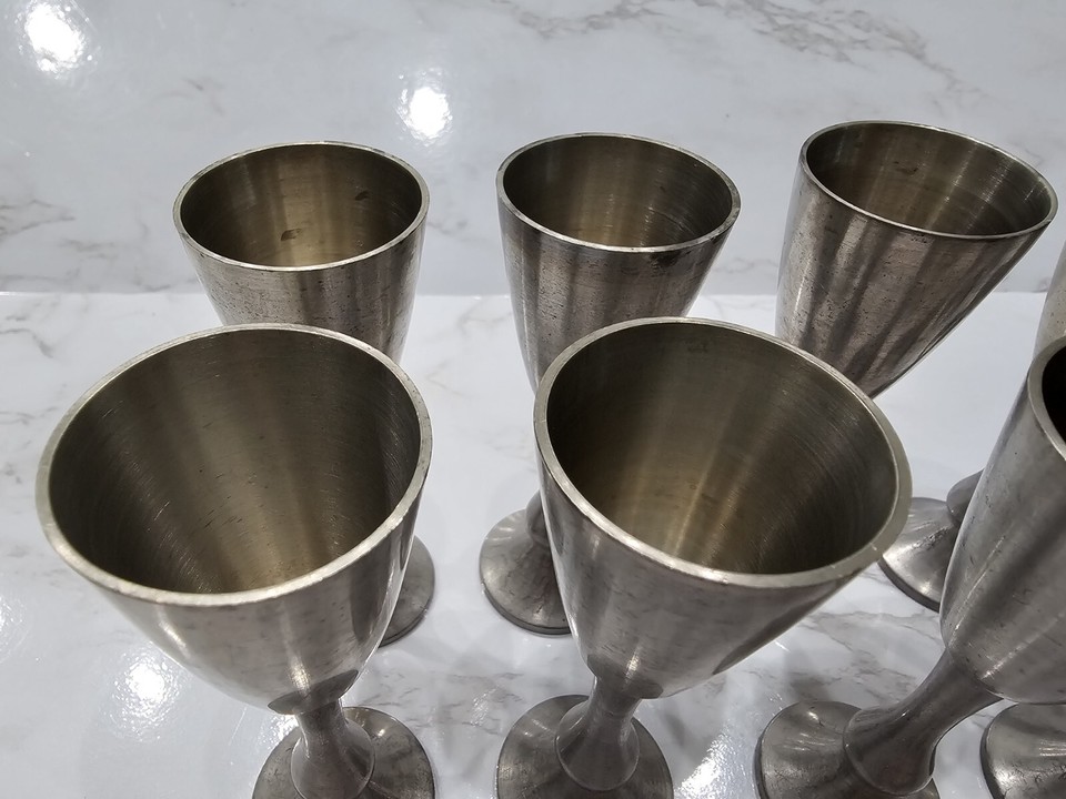 Vintage 12 Pewter Shot Glass Cup Set. Crown Logo Unknown Designer 1