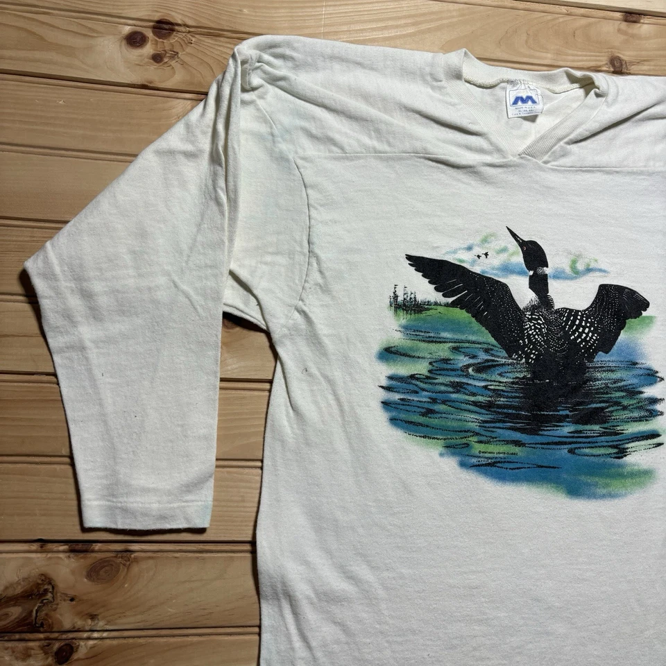 Camisa De Colección Años 70 80 Loon Vida Silvestre Pato Estanque Naturaleza Exterior Manga 3/4 Talla XL Foto 3 de 4