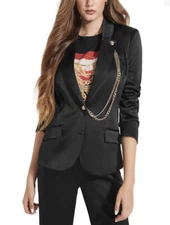 Guess Women's Deva Chain Blazer Jacket Notch Collar Suit Separate Satin Black XS