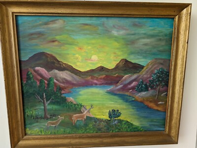 Vintage Moonlit Landscape Original Painting ''Look at Life'' Charlie Agbert Watson