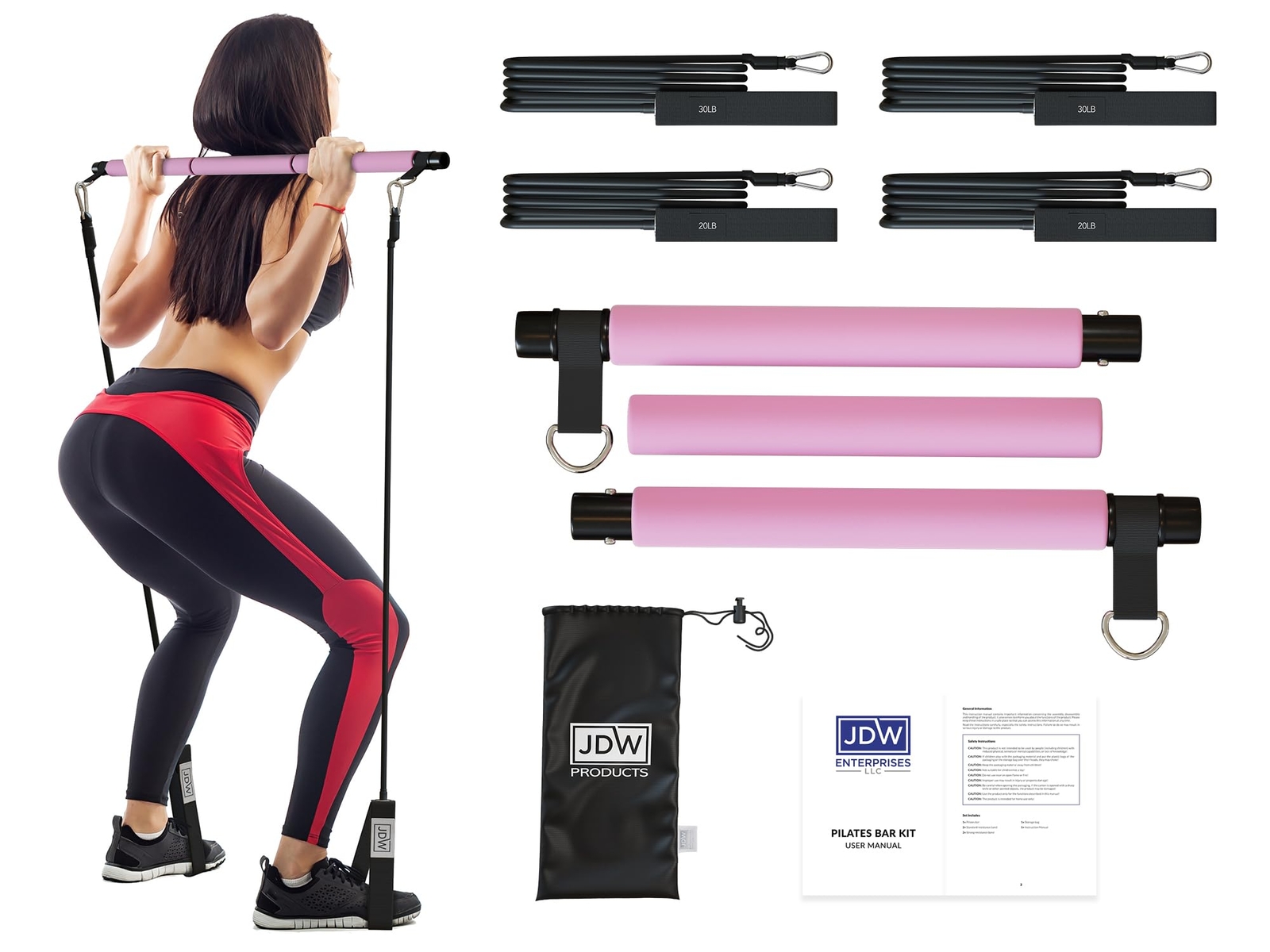 JDW Pilates Bar Kit with 2 Standard & 2 Strong Bands for Full-Body Workouts
