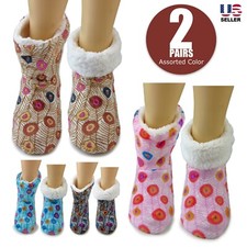 2 Pairs Womens Fuzzy Slipper Socks with Anti-Skid Grippers Bedroom House Shoes