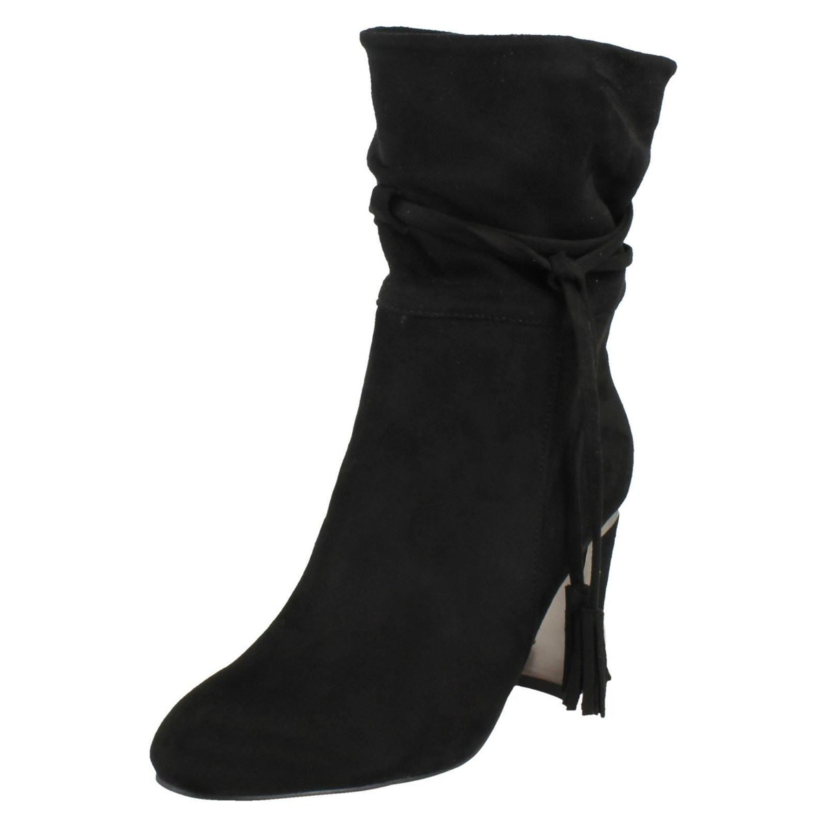 Ladies Black Spot On Rouched Heeled Tassel Ankle Fashion Boots F5R0855