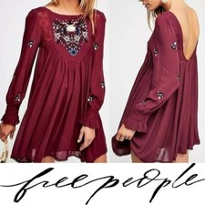 Free People Mohave Wine Plum Embroidered Mini Party Night dress Womens Small New