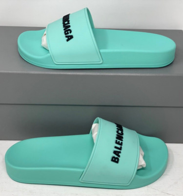 $375 Women's Balenciaga Logo Pool Slides Flat Sandals