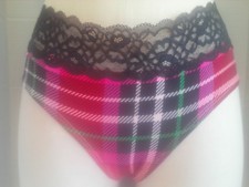 Christmas NWOT. Bikini Black Lace Waistband. Pink Black Green Holiday Plaid XL.