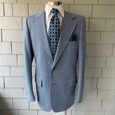70 s Vintage Towncraft Blue White Geometric Knit Funky Mens Jacket Size 42XL