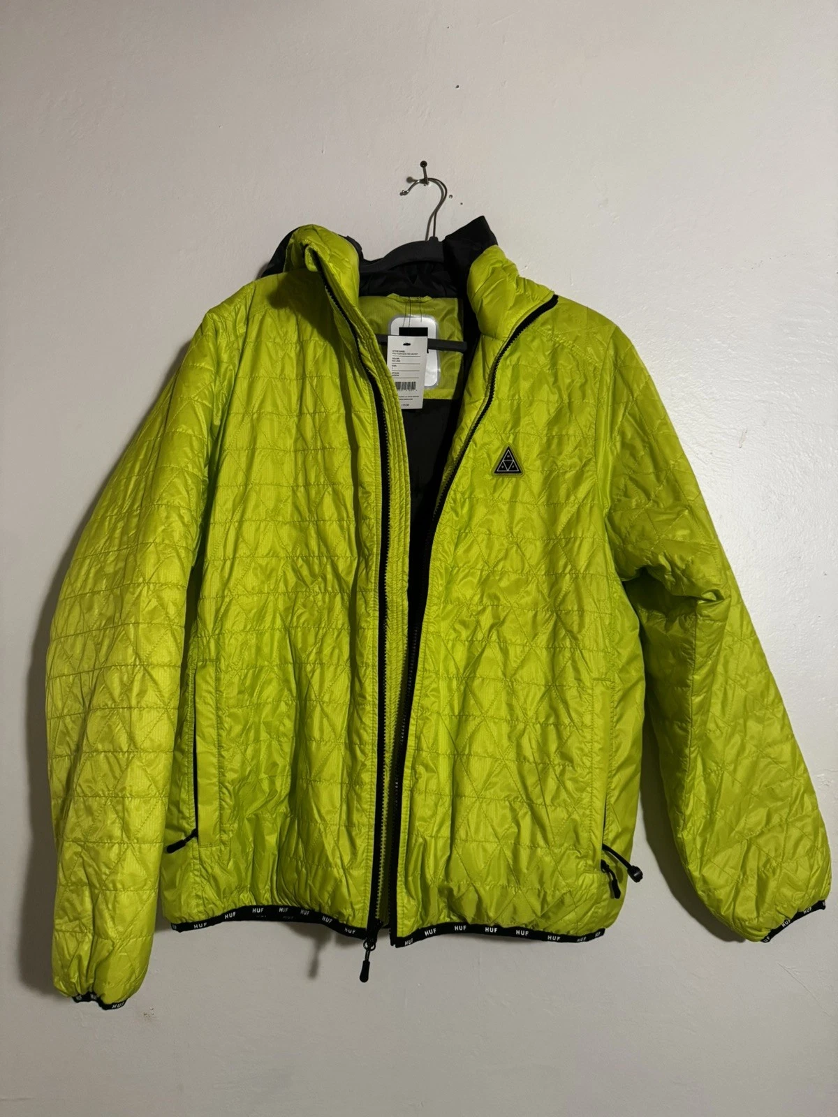 HUF Polygon Quilted Jacket Mens Large Lime Green Hoodie Quilted Zip Up Packable