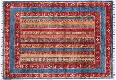 Afghan Ziegler Khorjin Teppich 100x150 Handgeknüpft Blau Streifen Orient c - Bild 1 von 4