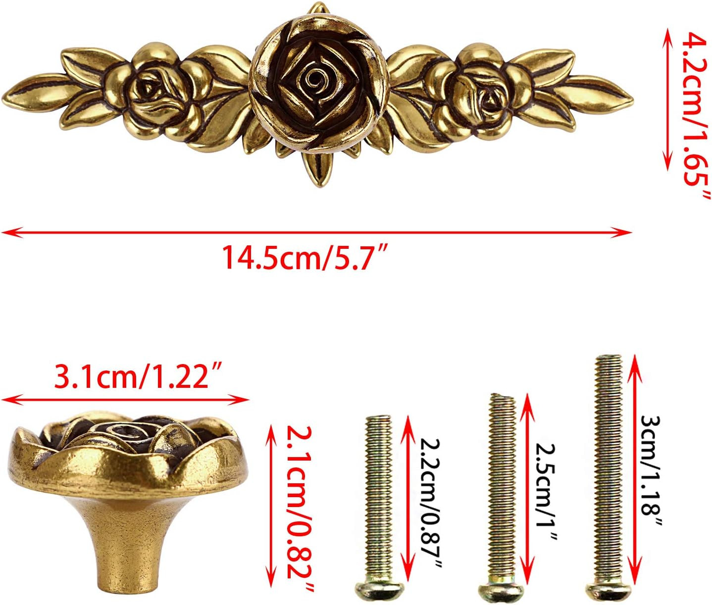 Pack of 5 Euro Rose Cabinet Knobs with Backplates – Ivory Floral Drawer Pulls, D