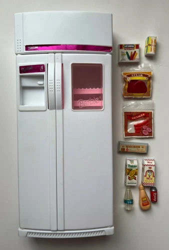 Mattel 1994 Barbie Side by Side Toy Refrigerator with Pink Shelves W/Food