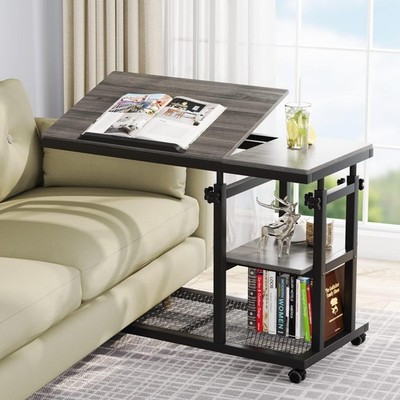 Height Adjustable C Table with Wheels, Mobile Couch Snack Side Table with Til...