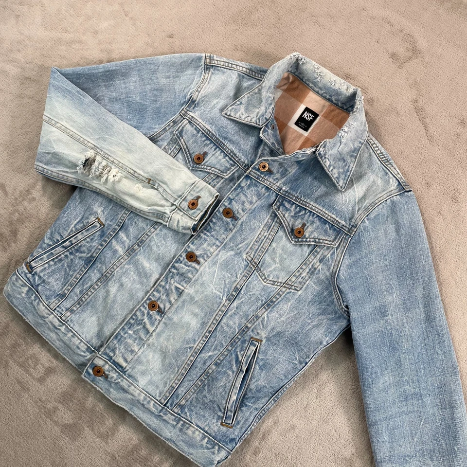 Chaqueta de Camionero NSF Denim Hombres Mediana Azul Claro Lavado Envejecido Hecha en EE. UU. Foto 4 de 4