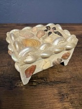 Vintage Seashell Trinket Jewelry Box Red Velvet Lined 4.5" x 3" Coastal