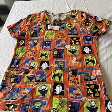 ScrubStar scrub top womens XL Halloween Frankenstein Cats Ghosts Spiders Boo