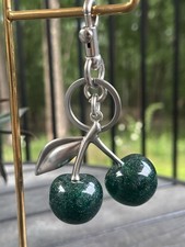 Green Enamel Cherry Purse Bag Charm Keychain Silver Hardware w/Premium Dustbag
