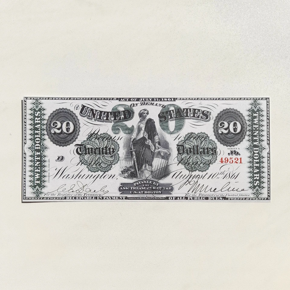20 Dollars 1861 Boston Demand Note Greenback Reproduction Banknote Fr US# 13 - Image 3 of 4