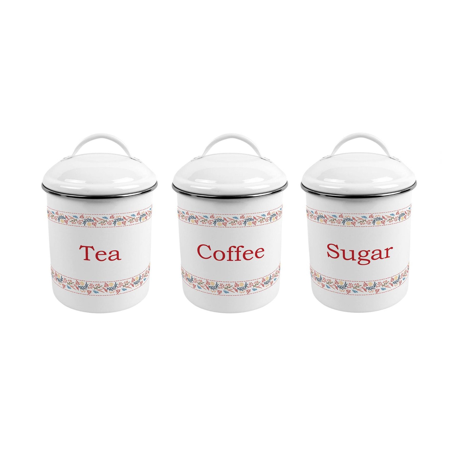 Purely Home Floral Embroidery Canister Set - Tea, Coffee & Sugar - Metal Kitchen Storage Containers - Red - Image 2