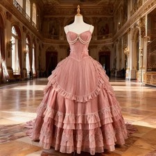 Vintage Victorian Prom Dress Pink Ball Gown Pearls Straps Ruffles Evening Gowns