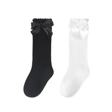 Baby Knee High Socks With Bow Ruffles Toddler Long Small Black white,2 Pairs