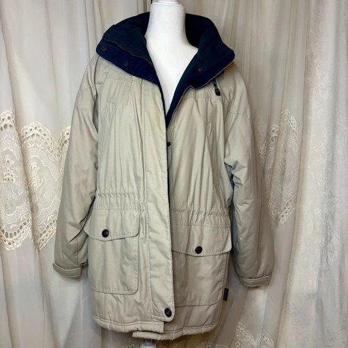 Vintage 90s Pacific Trail London Fog Unisex Parka L Beige Navy Teal Plaid Lined - product listing photo