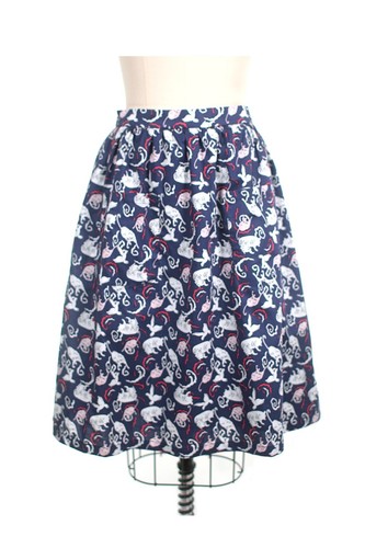 New SAMPLE SALE S FROCK SHOP Blue Kitty Cat Gathered Cotton Skirt w Pockets