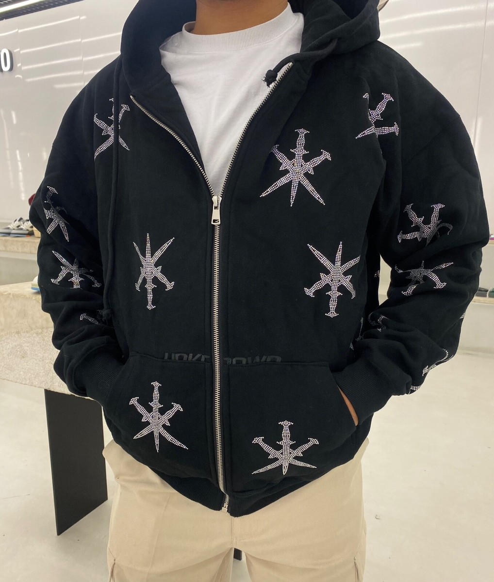 トップス UNKNOWN LONDON HOODIE BLACK×PURPLE RHINESTONE CROSS ZIP HOODIE -BLACK- | WALKIN