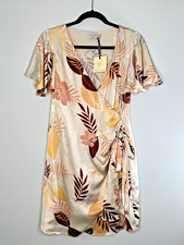 Dress Forum Wrap Dress Womens M Cream Tropical Leaf Satin Flutter Sleeve FD8465