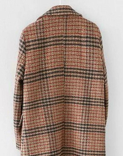 Women's Winter Oversize Lapel Collar Woolen Plaid Double Breasted Long Pea Coat - Picture 3 of 23