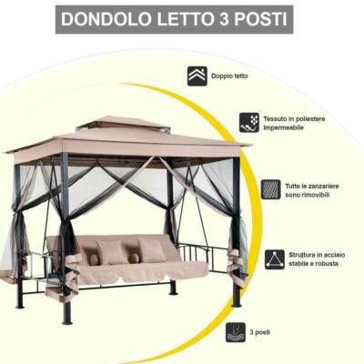 Dondolo Letto Da Giardino 3 Posti Bakaji - Con Tetto Parasole E Schienale Reclinabile, 200x120x165 Cm, Beige - Foto 5