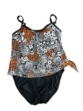 Vintage Maxine of Hollywood Skirted 1 Piece Swimsuit Brown Black Pin Up Size 10