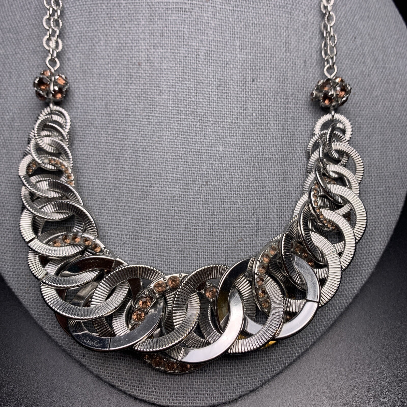 Loft Statement Necklace Silver Tone Brown Rhinest… - image 3