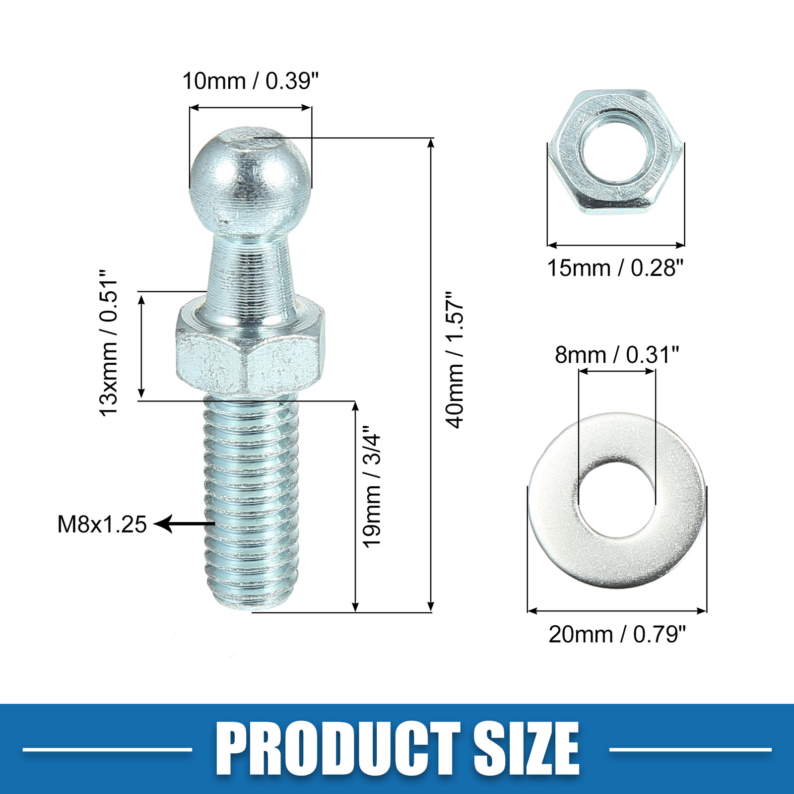 Universal 10mm Strut Ball 5/16-18 Thread 3/4" Long Shank with Washers Pack of 4