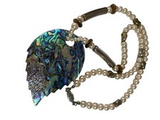 Abolone Carved Leaf Pendant With Faux Pearls Silver Beads