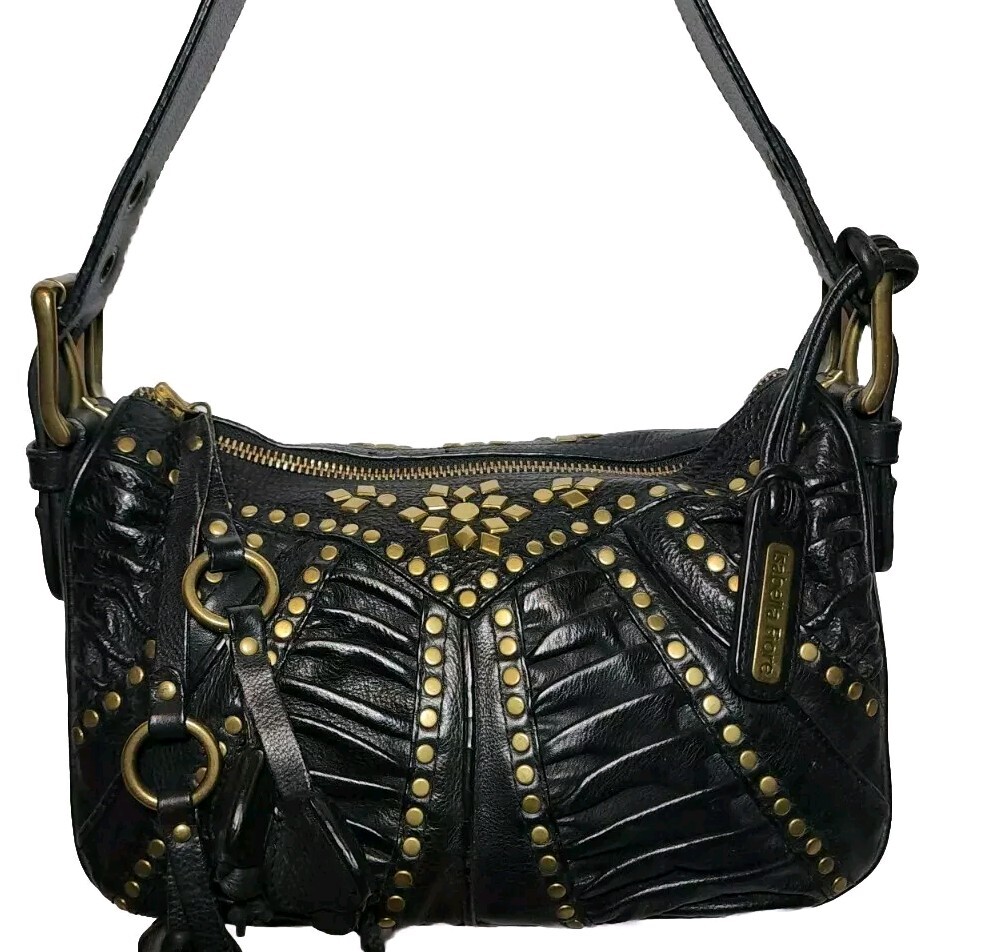 Isabella Fiore 刺繍ハンドバッグ 黒とベージュ Isabella Fiore Black Leather Handbag with Adjustable
