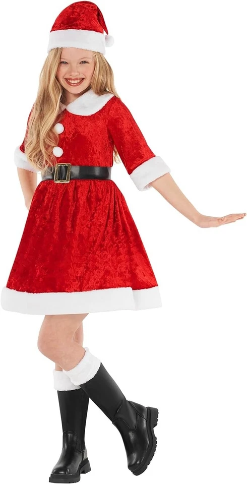 Kids Miss Santa Costume + Hat Girls Mrs Claus Christmas Dress Xmas Party Outfit - Image 2 of 4