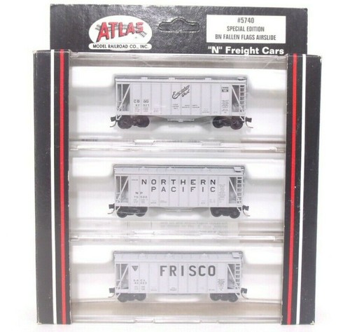 Atlas N Frisco NP CB&Q BN Fallen Flags Airslide Hopper Car 3Pk MTL Couplers 5740 | Zustand: New
