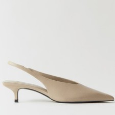 NEW! MANGO MNG Neutral Leather Pointed Toe Kitten Heel Slingback 9.5.