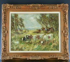 WONDERFUL ANTIQUE MARK FISHER OIL ON CANVAS PAINTING OF COWS IN LANDSCAPE FRAMED