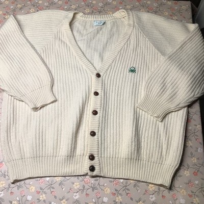 Vintage Benetton Strickjacke   1990er Jahre   Cremeweiß   reine Schurwolle, 54