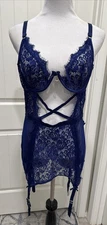 Seven Til Midnight Navy Lingerie Thong Sexy  Lace & Cutouts Garters SZ 3X 4X