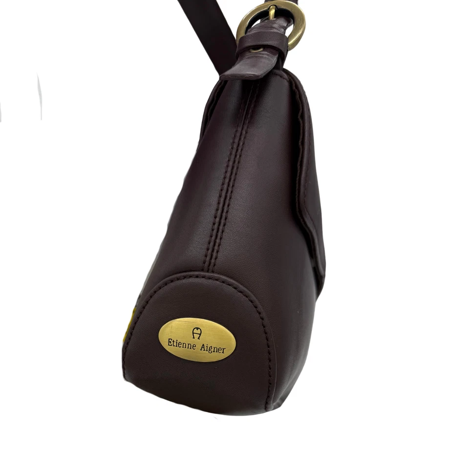 Bolso de Hombro Vintage Etienne Aigner Cuero Genuino Rico Marrón Oscuro Emblema Lateral Foto 4 de 4