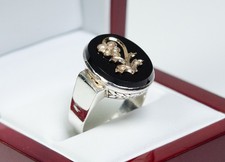 835 Argento/8K Oro - Antico Anello - Onice - Perline