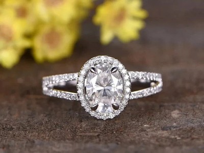 2.30Ct Oval Good Cut Moissanite Halo Wedding Ring 14K White Gold Plated Silver
