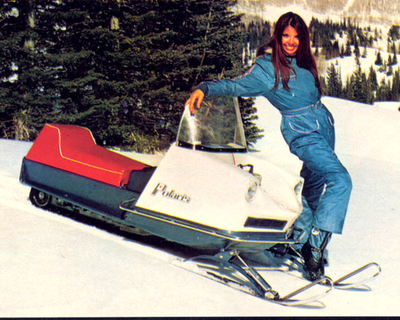 #ad Vintage Polaris Snowmobile Ad 10quot; x 8quot; Glossy Print Woman in Blue Snowsuit $21.99
