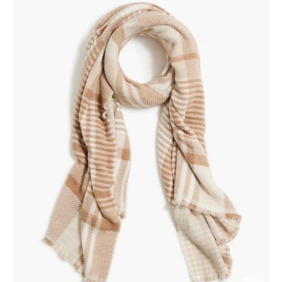 NWT J.Crew Marled Reversible Scarf Tan Cream Checkered Stripe Houndstooth 