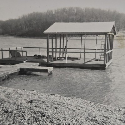 Vintage B&W Photo Snapshot of Old Wood & Metal Small Boat Dock on Lake